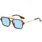 Vintage Square Sunglasses Small 70s Flat Tiny Glasses for Women Men Metal UV400 Protection Shades (Leopard/Blue)