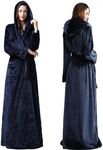 Oksun Womens Long Fleece Robe: Floor Length Flannel Hooded Bathrobe, Plush Warm Winter Housecoat, Fluffy Soft Cozy Nightgown (Navy, XL)