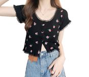 ICW Women's Korean Style Round Neck Half Sleeve Button-Up Floral Knitted Crop Top T-Shirt for Girls DN286 (Black)