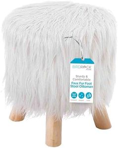 BIRDROCK HOME Faux Fur Foot Stool Ottoman – Upholstered Vanity Chair w/Natural Wood Legs - Soft Compact Padded Seat for Makeup Room, Living Room, Bedroom – Decorative Accent Furniture – White