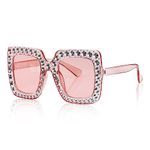 Jagowa 1 Piece Rhinestone Square Sunglasses, Large Frame Crystal Sunglasses Dress Costume Accessories for Women (Pink)