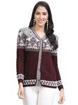 Kalt Women Full Sleeves V-Neck Cardigan in Raised Yarn(Maroon White;XL)