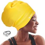 Extra Large Swim Cap for Braids and Dreadlocks Afro Hair Weaves Long Hair Waterproof Silicone Cover Ear Bath Pool Shower Swimming Cap for Women Men Youth Adult Kids Girl to Keep Hair Dry, Yellow