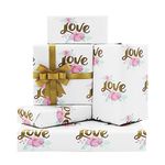 Wedding Wrapping Paper, Quality Love White Wrapping Paper With Gold Ribbon, Folded Flat 4 Sheets 50 x 70 cm Per Sheet For Weddings, Bridal Showers, Engagements, Valentine's Day, Anniversary