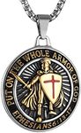 HZMAN Stainless Steel Knights Templar Medal Necklace for Men Women Put On The Whole Armor of God Ephesians 6:13-17 Red Cross Pendant Jewelry Gift (Black)