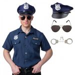 Police Shirt (Blue) + Deluxe U.S Cop Hat (Blue) + Aviator Sunglasses + Handcuffs : Adult Mens Police Officer Fancy Dress Costume (Medium)