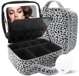 Travel Makeup Bag Cosmetic Bag Makeup Organizer Bag with Lighted Mirror, Adjustable Brightness in 3 Color Scenarios, Waterproof Makeup Train Case, Gift for Women - Leopard White