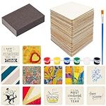 Belle Vous 50 Pack of Unfinished Blank Wood Squares with Sanding Block, Paint & Brush - 10 x 10cm/4 x 4 Inches - 2.5mm Thick Plain Pieces for DIY Coasters, Crafts, Painting and Pyrography Burning