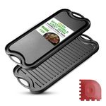 NutriChef Cast Iron Griddle Reversible- Flat & Grilled, Heavy Duty BBQ Skillet Griddle, Extra Wide Flat Grill Pan, with Scraper, Safe for Induction, and All Stovetops