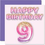 9th Birthday Card for Girls - Pink & Purple Glitter Balloons - Happy Birthday Cards for 9 Year Old Girl Daughter Sister Granddaughter Cousin, 145mm x 145mm Nine Ninth Bday Greeting Cards Gift