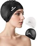 2 Pack Unisex Silicone Swim Cap for Women Men, Large Size Swimming Caps for Long Hair/Braids to Keep Hair Dry, Waterproof Bathing Caps for Swimming with Ear Plugs & Nose Clip Set(Black&White)