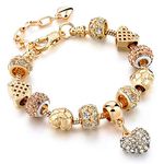 Capital Charms Crystal Heart of Gold Plated Charm Bracelet Set for Women and Teens with Beads and Adjustable Snake Chain (Heart-V2)