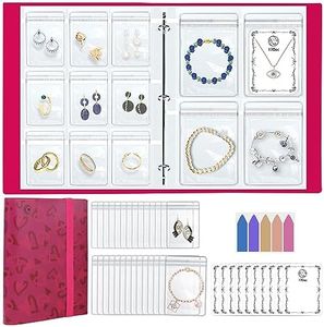 17Dec Pink Heart Large Transparent Jewelry Storage Book,Jewelry Holder Organizer Travel Earring Organizer,Travel Jewelry Organizer Book and 50 Plastic PVC Bag for Women Earring,Ring,Necklace