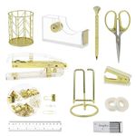 Aesthetic Gold Office Supplies and Desk Accessories for Women, Staple Remover and Staples Set, Stationery Supplies Phone Holder, Tape Holder, Pen Holder, Ballpoint Pen, Scissor, Binder Clips, Rule