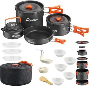 HOMGEN Portable Camping Cookware Set-Lightweight Aluminum Camp Pots and Pans Set for 4 People-Comes with 2 Size Pots/A Frying Pan/5 Bows/3 Plates and Kettle-Complete Camping Mess Kit for Camping Trip