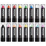 Neon UV Lipstick by Moon Glow - Intense & Pastel set of 16 colours - Bright Neon Coloured Lipstick - Glows under UV