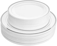Aya's Cutlery Kingdom 100 White Plastic Plates Disposable with Silver Trim, 50 Plastic Dinner Plates 10.25" + 50 Salad, Dessert, Appetizer Plates 7.5" - Premium Elegant Heavy-Duty Plastic Party Plate