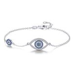 Blue Evil Eyes Link Bracelet Sterling Silver 925 Cubic Zirconia Chain Adjustable 7"(Rhodium)