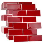WALPLUS 24 Sheets 12" x 6" 40% More Coverage Peel and Stick Backsplash Tiles Sticker for Kitchen Stick on Backsplash Subway Smart Tiles Bathroom Splashback Water Heat Resistant Cherry Red Glossy