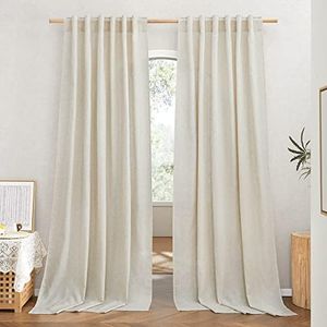 NICETOWN Natural Linen Curtains 84 inches Length for Windows, Rod Pocket & Back Tab Light Filtering Drapes Thick Flax Semi Sheer 2 Panels for Living Room, W55 x L84