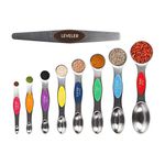 Magnetic Measuring Spoons Sets of 9, WOVTE Dual Sided Stainless Steel Stackable Teaspoon Tablespoon with Colorful Scale and Leveler, Fits in Spice Jars for Measuring Dry and Liquid Ingredients