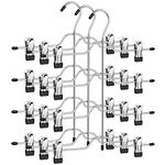 SONGMICS Trouser Hanger with Clips, Set of 3, 4 Tiers, 8 Removable Non-Slip Clips, for Skirts, Jeans, Towels, Shorts, Length 32 cm, Silver and Black CRI042BK