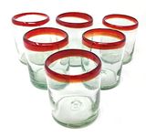 Hand Blown Mexican Drinking Glasses - Set of 6 Tumbler Glasses with Red Rims (10 oz Each)