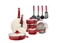 GreenLife Soft Grip Healthy Ceramic Nonstick, 16 Piece Cookware Pots and Pans Set, PFAS-Free, Dishwasher Safe, Red