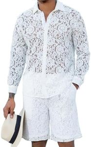 CAALEIS White Knit Hollow Out Set for Men Summer – Sexy Men's See Through Shirt and Shorts, Gay Party Outfits, Sleepwear Romphim Loungewear (White, S)