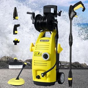 Bestsoon 3500PSI Electric Pressure Washer, 2100W High Pressure Washer with 6 Nozzles, Foam Cannon, Brush, Floor Cleaner, Electric Power Cleaner Machine with Spray Gun & Hose Reel, 8M Hose, 5M Cord