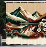 Ambesonne Lake Shower Curtain, Peaceful Art of Meadow Scene with Darkened Woodland and Snowy Mountains, Cloth Fabric Bathroom Decor Set with Hooks, 69" W x 70" L, Hunter Green Pale Redwood