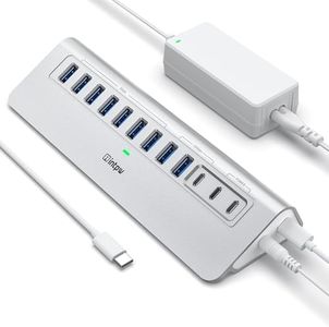 Powered USB Hub 10Gbps, intpw YH9AC 12 Port USB C Hub with 10Gbps USB C 3.2+2 USB A 3.2, 7 USB 3.0, 2 PD 45W Charging Port, 65W Power Adapter + 3.3FT Cable, Aluminum USB Hub for PC/Laptop/iPhone 17/16