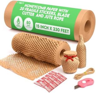 Honeycomb Packing Paper for Moving 15" x 230', 80GSM Eco Friendly Honeycomb Paper with 20 Fragile Stickers, 16 ft. Jute Twine and Cutter, Alternative to Bubble Cushioning Wrap for Shipping Packaging