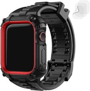 Fullmosa Compatible with Apple Watch Bands 45mm 44mm Series 9/8/7/6/5/4/SE2/SE, TPU Rugged iWatch Strap Military Grade Shockproof Bumper Case with Screen Protector for Men Women (44mm, Black and Red)