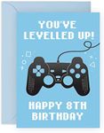 Fun Eighth Birthday Card for Boys - 'You've Levelled Up!' - Happy 8th Birthday - 8 Year Old - Blue Greeting Card for Gamers - For Kids - Gift for Son, Grandson - With Stickers - By Central 23