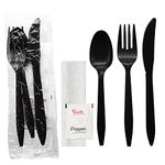 Party Essentials Individually Wrapped Plastic Cutlery Packets/Silverware Kits, Black Fork/Spoon/Knife/Napkin/Salt/Pepper, 50 Sets