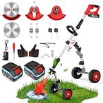 Garden Cordless Strimmer with 2 Batteries and Detacable Wheels, 21V Metal Blade Grass Trimmer 650W Electric Telescopic Brush Cutter with 5 Blades, 3 in 1 Garden Tools for Clearing Weeds Flower Trees