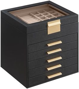 SONGMICS GISELLA Collection - Jewelry Box Organizer, 6-Layer Jewelry Storage with 5 Drawers, Shiny Metal Hardware, Glass Lid, Modern, 8 x 9.1 x 9 Inches, Ink Black and Gold Color UJBC176B01