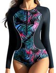 Womens Rash Guard Swimwear, One Piece Swimsuits For Women Ladies Swimming Costume Rash Guard Modest Swimwear Tummy Control Swim Bodysuit Elastic Sports Wet Suits Long Sleeve Bathing Suit Zip Surf Suit