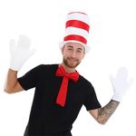 Adults Cat Hat Accessory Set - Red and White Striped Hat, Large White Gloves and Deluxe Red Bow Tie - Adults Book Week Fancy Dress Costume Accessories