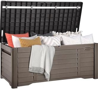 DWVO 120 Gallon Louvered Outdoor Storage Box, Lockable Resin Deck Box for Pillows, Tools, and Pool Supplies - Dark Brown