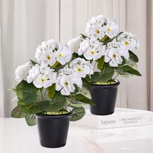 Avoik Artificial Flowers 2PCS Artificial Plants White Flowers with Potted Fake Silk Flower in Pot Faux Geranium Flowers for Garden Home Decor Indoors Kitchen Wedding Party Centerpieces（White