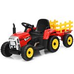 COSTWAY Ride on Tractor and Trailer, 12V Battery Powered Electric Kids Toy Car with Remote Control, LED Lights, USB & Bluetooth Music, Four Wheels Ride on Toys for Children Ages 3+(Red+Yellow)