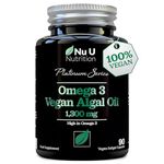 Vegan Omega 3 Algae Oil 1300mg - 520mg DHA per Serving - 90 Vegan Softgel Capsules with Vitamin E - High Strength DHA from Marine Algae Oil - Plant Based Omega 3
