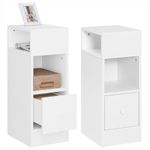 eSituro Set of 2 Narrow Bedside Table with 2 Open Compartments and 1 Drawer, White Nightstand 25x30x66 cm, Space Saving Cabinet Night Table for Bedroom Living Room, Wooden, SCD0213-2