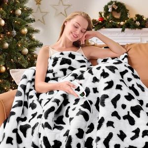 Cow Print Heated Electric Blanket Throw,50X60 Black Heating Blanket with 10 Heats Levels & 8 Hours Auto Off,Cute Cow Decor Stuff Soft Fleece Sherpa Blankets Warmer Gifts for Women Washable,ETL