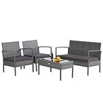 Tangkula Patio 4 Piece Rattan Furniture Set, Patiojoy Outdoor Wicker Conversation Set W/Comfortable Cushion, Glass Tabletop, Solid Steel Frame, Sectional Sofa Set for Backyard, Poolside, Balcony (1)