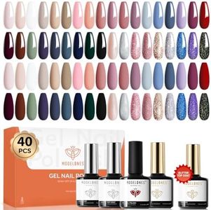 modelones 40 Pcs Gel Nail Polish Set, 36 Colors Fall Winter Nude Brown Burgundy Red Blue White Black Glitter Gel Polish Kit with Base Coat& Matte Glitter Glossy Top Coat Salon DIY LED Manicure Gift