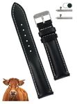 vinacreations 22mm Black Full Grain Leather Watch Band Men Quick Release Stitched Replacement Wristwatch Strap Extra Soft Stainless Steel Buckle DH-211-22MM