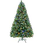 SHareconn 7FT Pre-Lit Artificial Christmas Tree with 470 Warm White & Multicolor LED Lights, 8 Light Modes, Xmas Tree with 1264 Branch Tips, Metal Stand, Easy Assembly and Foldable